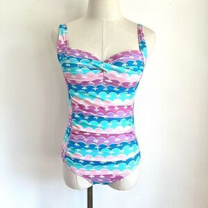 Romenza One Piece Swimsuit Adorable Pastel Color Stripes with Bow Print Size